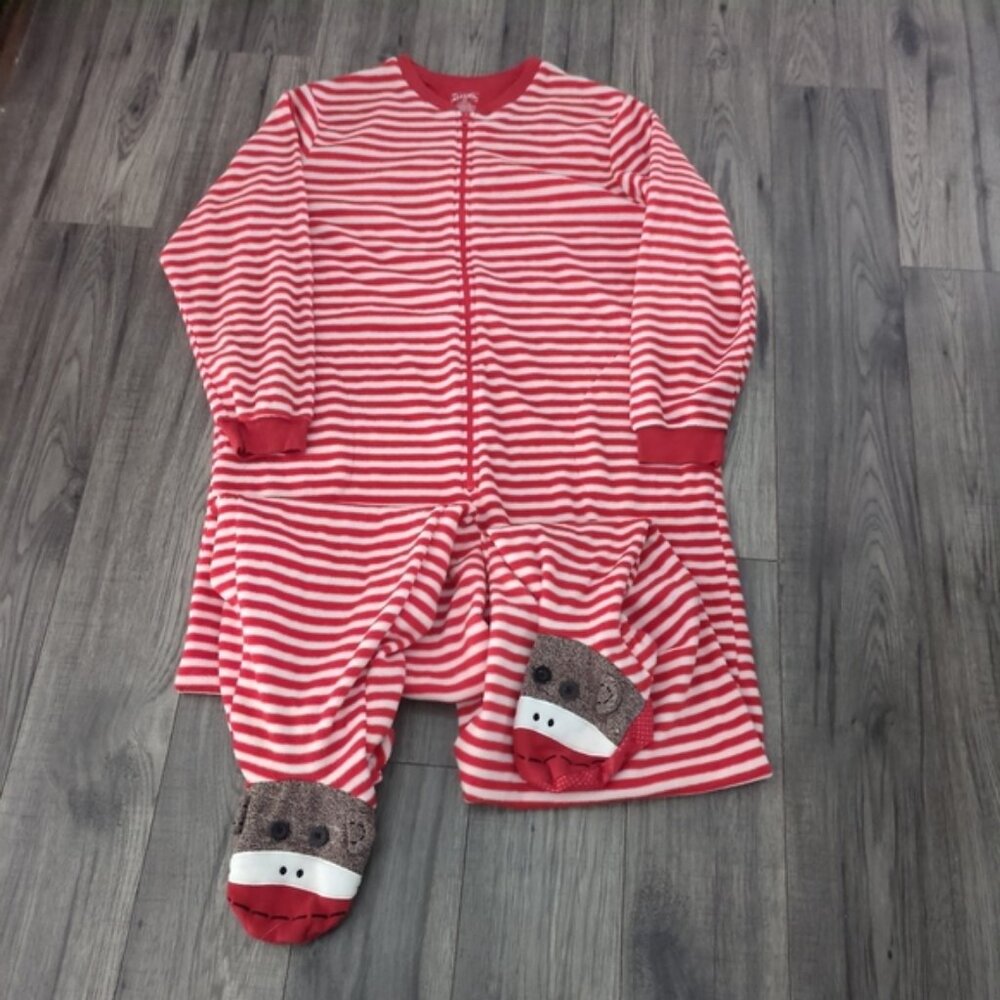 Nick & Nora Sock Monkey One Piece Fleece Front Zip Footed Pajamas Size XXL Adult